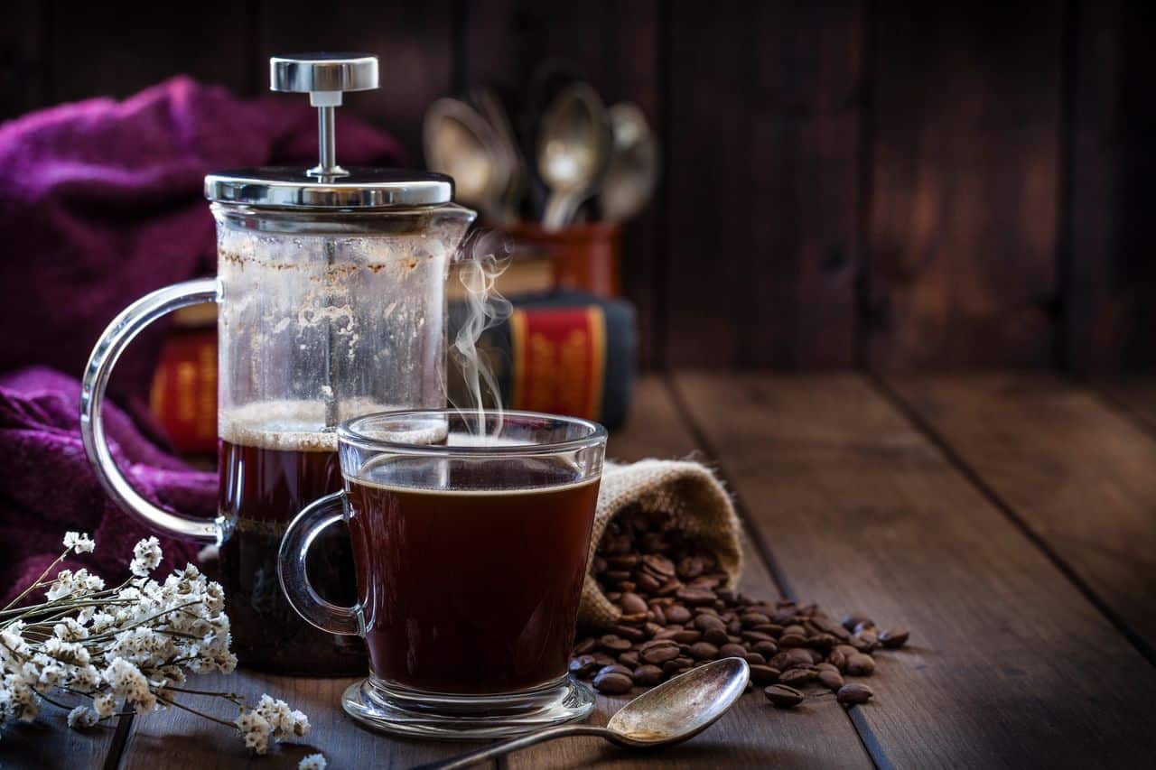A classic French press coffee maker